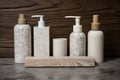 Zero waste spa concept with soap, lotion dispensers, and shampoo bottles in kinfolk style Royalty Free Stock Photo