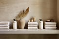 Zero waste spa soap, lotion dispensers, linen towel, dry shampoo on oak kinfolk style concept