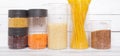 Zero-waste storeroom. Breakfast items, preserved in a resealable plastic jars, cereals, pasta. Banks can be filled several times