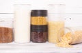 Zero-waste storeroom. Breakfast items, preserved in a resealable plastic jars, cereals, pasta. Banks can be filled several times