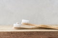 Zero waste, sustainability and minimalism concept. Wooden ecological bathroom accessories on white background Royalty Free Stock Photo