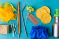 Zero Waste Things.Reusable things for eco life: bottle, bamboo straw and ear stick, shoe covers Royalty Free Stock Photo