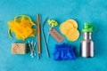 Zero Waste Things.Reusable things for eco life: bottle, bamboo straw and ear stick, shoe covers Royalty Free Stock Photo