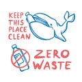 ZERO WASTE AND WHALE Eco Problem Vector Illustration Set Royalty Free Stock Photo
