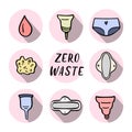 Zero waste women hygiene icons. Hand drawn vector illustration.