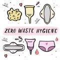 Zero waste women hygiene objects. Hand drawn vector illustration.