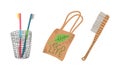 Zero Waste with Wooden Brush and Canvas Bag as Everyday Reused Object Vector Set