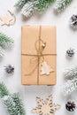 Zero west and eco friendly christmas concept flat lay with gift, branches and toy