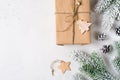 Zero west and eco friendly christmas concept flat lay with gift, branches and toy