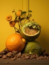 Zesty Blooms: Creative Arrangement of Citrus Fruits and Vibrant Flowers
