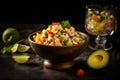 Zesty ceviche with chunks of marinated fish, citrus juices, herbs and spices and fresh diced vegetables. AI generated