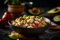 Zesty ceviche with chunks of marinated fish, citrus juices, herbs and spices and fresh diced vegetables. AI generated