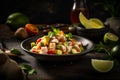 Zesty ceviche with chunks of marinated fish, citrus juices, herbs and spices and fresh diced vegetables. AI generated