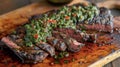 A zesty chimichurri sauce bursting with fresh herbs and the smoky kick of smoked paprika. The sauce is drizzled over