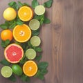 Zesty display Oranges, lemons, limes, grapefruit, and mint on wood