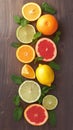 Zesty display Oranges, lemons, limes, grapefruit, and mint on wood