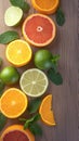 Zesty display Oranges, lemons, limes, grapefruit, and mint on wood