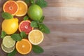 Zesty display Oranges, lemons, limes, grapefruit, and mint on wood