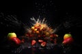 Zesty eruption: strawberries, kiwi, and oranges explode in a burst of zest on a black surface, conveying the zing and
