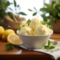 A zesty image of Lemon Ice Cream, capturing the bright and citrusy flavor of fresh lemons in a creamy scoop by AI generated