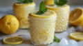 gourmet lemon pudding, zesty lemon pudding in glass jars, with lemon slice and mint, a light and refreshing summer