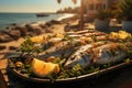 Zesty sea bream, herb-infused, beachside delight on a sun-kissed afternoon