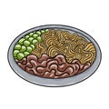 Zha jiang mian. Noodles with a rich, meaty sauce, topped with fermneted soy bean paste and fresh cucumber. Chinese food. Vector