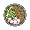 Zha jiang mian. Noodles with a rich, meaty sauce, topped with fermneted soy bean paste and fresh cucumber. Chinese food. Vector Royalty Free Stock Photo