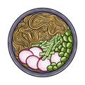 Zha jiang mian. Noodles with a rich, meaty sauce, topped with fermneted soy bean paste and fresh cucumber. Chinese food. Vector