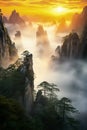 Zhangjiajie National Forest Park majestic peaks, lush greenery, misty mountains, and narrow sandstone pillars in golden sunset