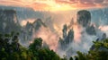 Zhangjiajie National forest park at sunset, Wulingyuan Hunan Mountain top landscape AI generated Royalty Free Stock Photo