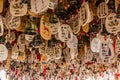 ZHANGYE, CHINA - AUGUST 23, 2018: Wish bells at a pavilion in Zhangye Danxia National Geopark, Gansu Province, Chi