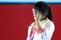 Zhe Cui of China celebrates after win gold medal in the women`s -41 kg Asian Para Games 2018