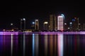 Night skyline view of Hangzhou with modern colorful light decoration buildings and their Royalty Free Stock Photo