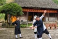 Master Shifu teaches his students the basics of Wushu martial art in the Taoist Ningzhengong Monastery. Wudangpai is a school of