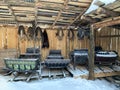 Zheludyevo, Pokrov, Vladimir region, Russia, January, 17, 2021. Collection of sledges in the ethnographic park-museum `Russian Isl