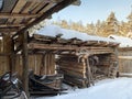 Zheludyevo, Pokrov, Vladimir region, Russia, January, 17, 2021. Collection of sledges in the ethnographic park-museum `Russian Isl