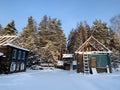 Zheludyevo, Pokrov, Vladimir region, Russia, January, 17, 2021. Restoration of 19th-century peasant houses in the ethnographic par