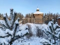 Zheludyevo, Pokrov, Vladimir region, Russia, January, 17, 2021. Wooden buildings in the ethnographic park-museum `Russian Island`.