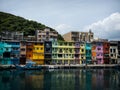 Zhengbin fishing port color houses view on a gloomy day