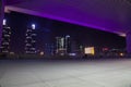 From the second floor observation deck of zhengzhou east station, the night view outside the west square looks like a huge stage p