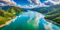 Zhinvali reservoir on the Aragvi River in Georgia in summer horizontal panorama from a drone Generative By AI