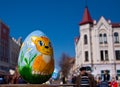 Zhitomir, Ukraine - April 10, 2018: Easter eggs with a painted cat on a background of the city