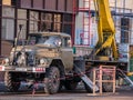 ZHITOMIR, UKRAINE - December 1, 2019: Crane truck standing on asphalt road