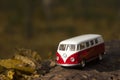 Zhmerynka, Ukraine - October 20 2019: Retro bus Volkswagen Transporter T1, white and red car in the forest among yellow leaves, Royalty Free Stock Photo