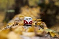 Zhmerynka, Ukraine - October 31 2020: Retro bus Volkswagen Transporter T1, white and red car in the forest among yellow leaves, Royalty Free Stock Photo