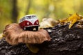 Zhmerynka, Ukraine - October 31, 2020: Toy retro bus Volkswagen Transporter T1 is located on a mushroom that grows on a log, white Royalty Free Stock Photo