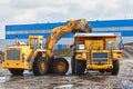 Zhodino, Belarus - March 05, 2019 - A large yellow dump truck works without a driver under the control of a robot