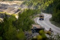 Zhodzina, Belarus - August 16, 2013: Granite mining in Quarry Trucks quarry of BelAZ producer