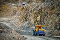 Zhodzina, Belarus - August 16, 2013: Granite mining in Quarry Trucks quarry of BelAZ producer